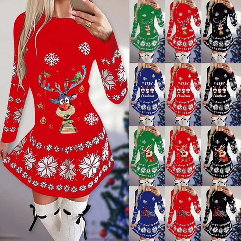 

Christmas Snowflake Printed Dress Women Clothing Long-sleeved Round Neck Xmas Party Bodycon Dress Elegant Casual Mini Dressesf