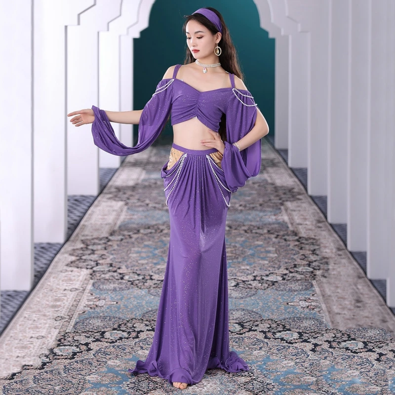 

2pcs Set Women Belly Dance Suit Mesh Pearls Sleeves Top+long Skirt New Girl's Oriental Costumes Female Practice Wear Outfit