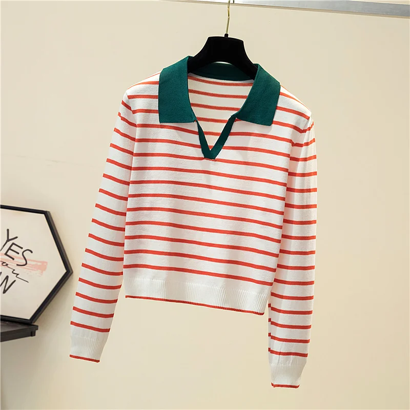 Striped V-neck Pullover Polo Sweater Women Spring Autumn All-match Tops Long-sleeved Knitted Bottoming Sweaters Jumpers cropped sweater Sweaters