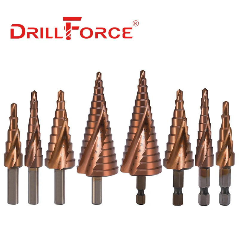 

Drillforce кобальтовые ступенчатые сверла HSSCO M35, конусные шестигранные треугольные хвостовики, металлические сверла, набор инструментов, резак для отверстий из нержавеющей стали