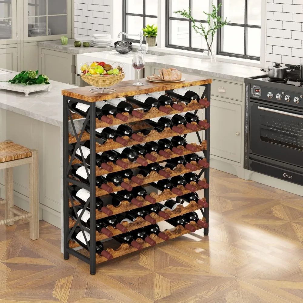 56-Bottle Freestanding Wine Rack, Wooden Wine Rack Storage Shelf, Stackable Bottle Rack with Tabletop for Living Room