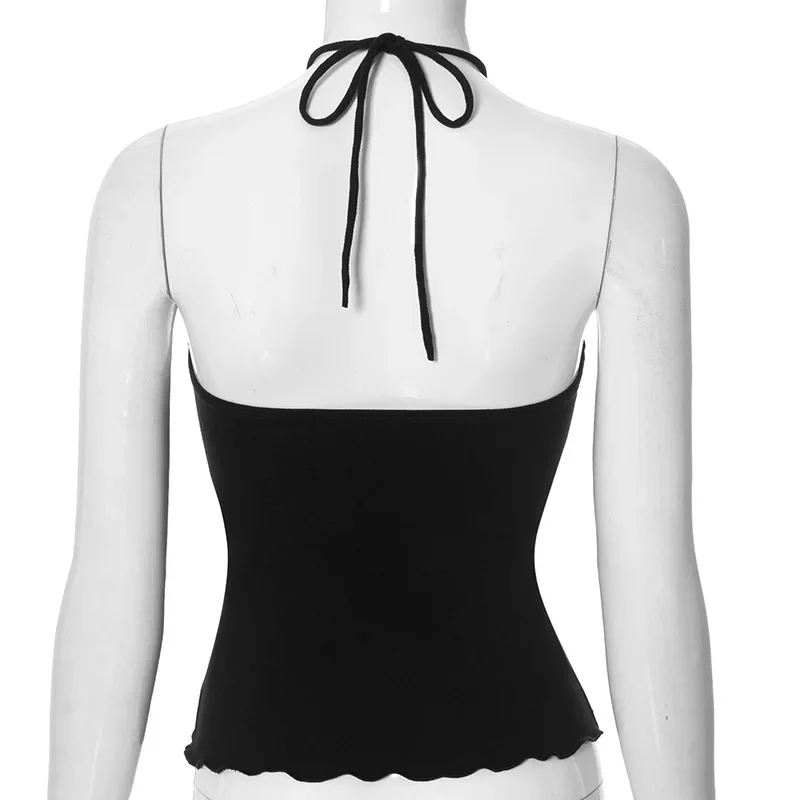 Top de una pieza informal corto con dobladillo enrollado para mujer, moda de verano, top bandeau de color liso, top sexy con cuello de encaje y sin mangas.