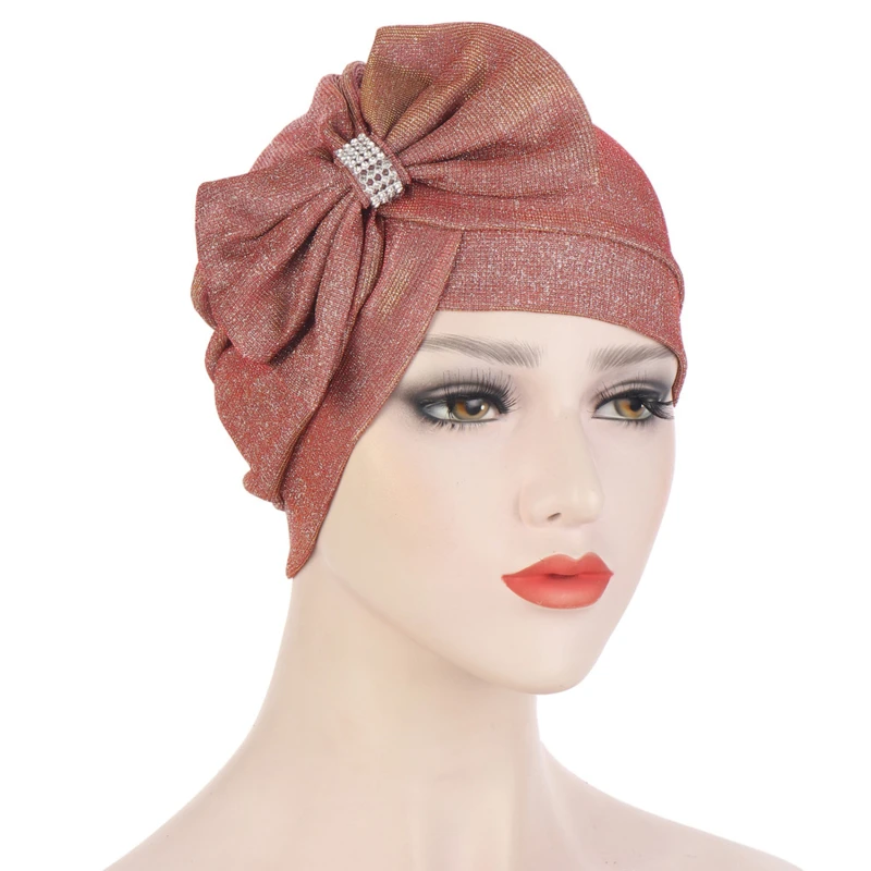 

Multicolor Glitter Bowknot Fashion Turban Hat Cross Forehead Big Bow Diamond-Studded Turbans For Women Headwrap Muslim 2021 New