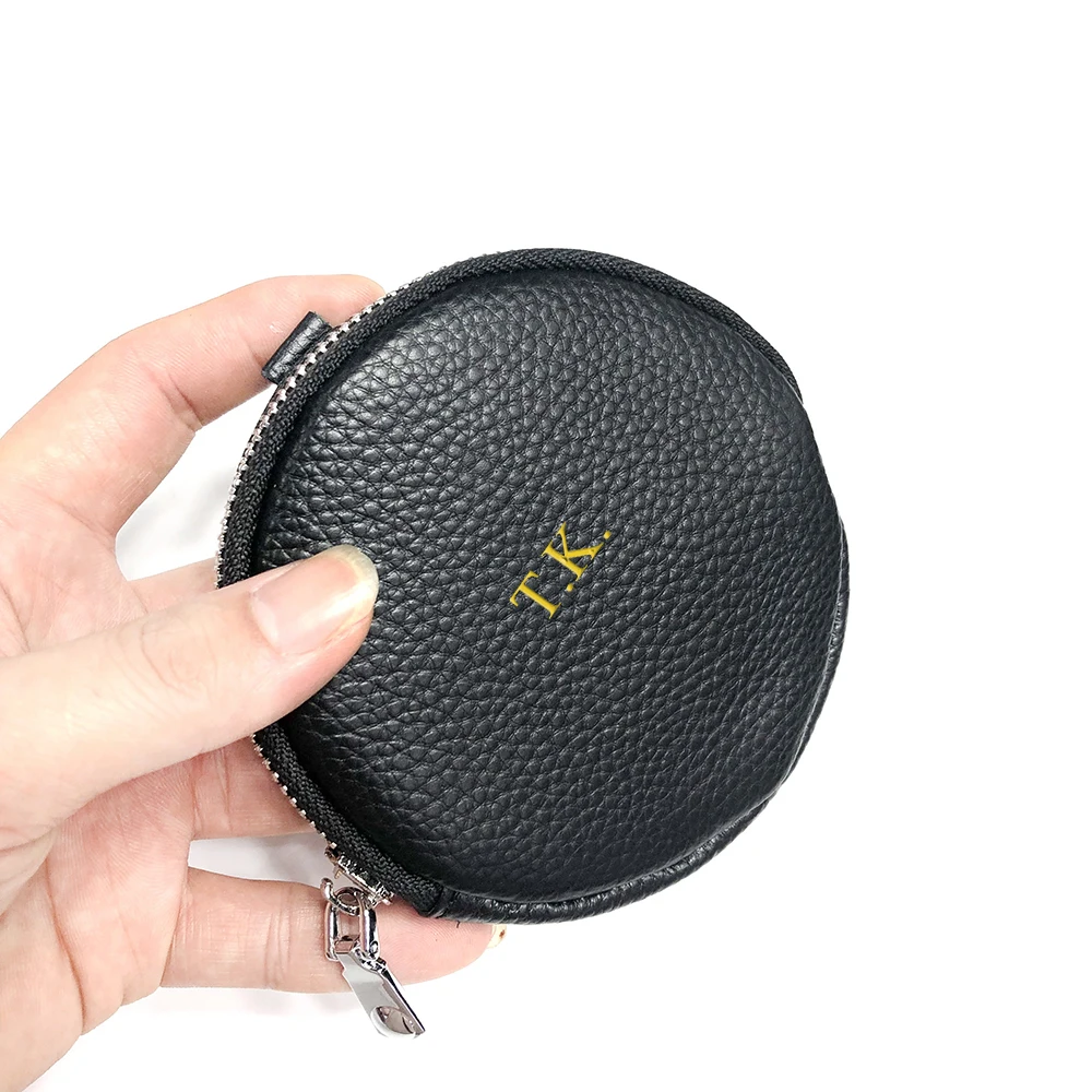 Genuine Leather Zip Round Coin Purse Custom Letters Gift Women