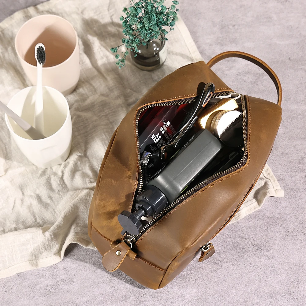 Crazy Horse Men's  Wash Bag Large Capacity Hand Bag Fitness Yoga Wash Bag Genuine Leather Handbag For Men