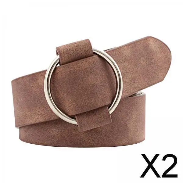 

2x Women Adjustable Leather Belt Alloy Round Buckle Size , Brown