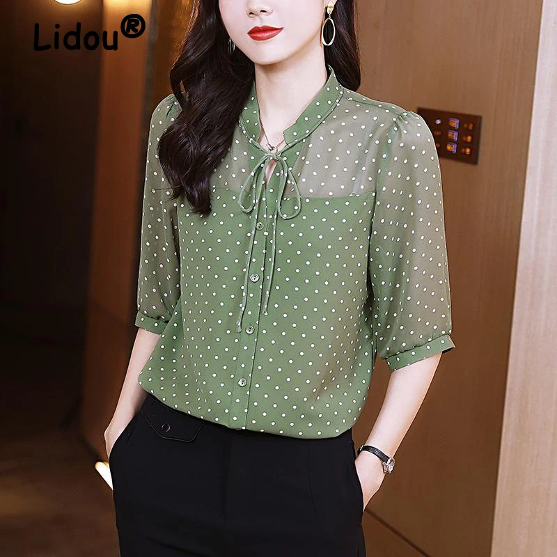 Women's Clothing Dot Printed Lace Up Elegant Shirts Summer Korean Fashion Half Sleeve Thin Blouses Office Lady Casual Tops Blusa