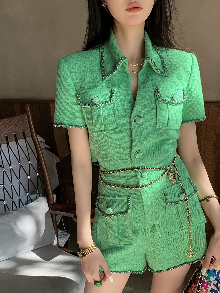 Small Fragrance Wind Gold Chain Woven Back Waist Hollow Jumpsuit Women\'s Summer Slim Short Sleeve Rompers q226