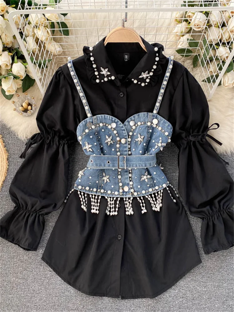 Stylish Diamond Beaded Crown Denim Suit With Tassel Detailing For Women  Long Puff Sleeve Fall Jackets Women And Jeans Set Outfit GBYXTY ZL1070 From  Balee, $49.23