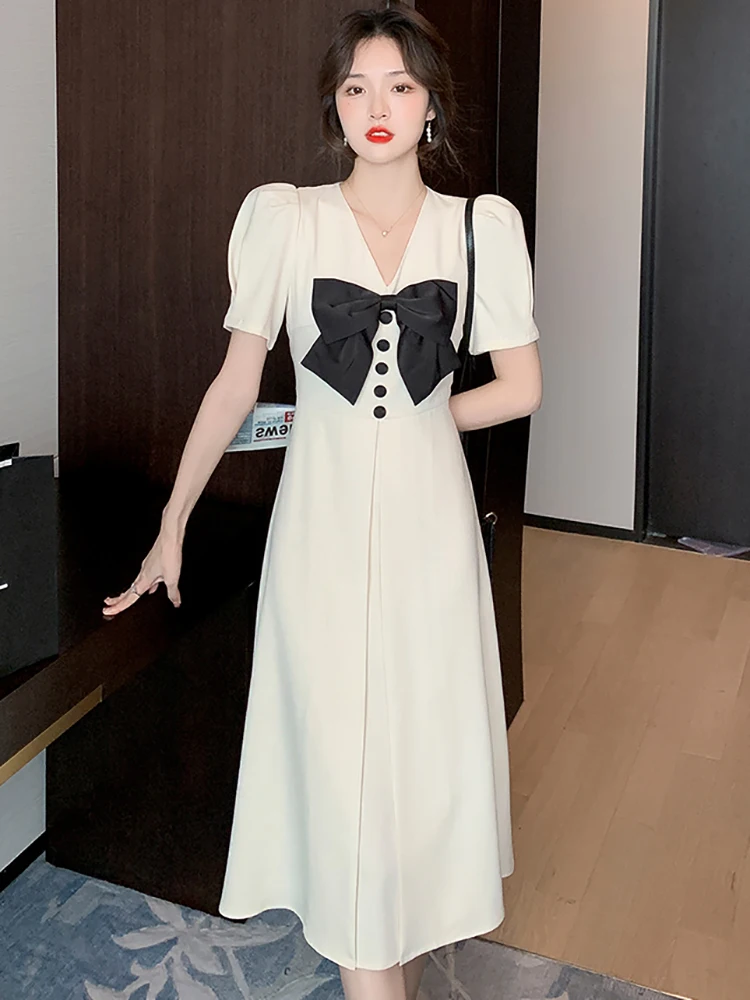 

2023 White Short Sleeve Bow V-Neck Midi Dress Women Elegant Bodycon Office Lady Dress Summer Korean Casaul Chi Party Prom Dress