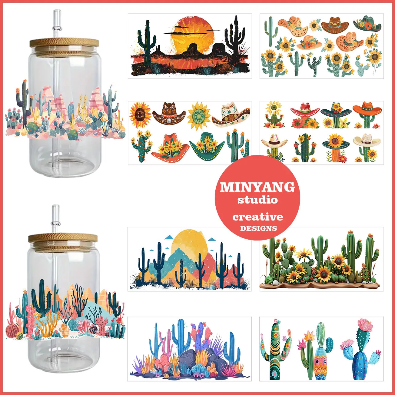 Desert cactus peel waterproof DIY Decals 3D transfers uvdtf crystal stickers 16oz uv dtf cup wraps for Libbey Glasses