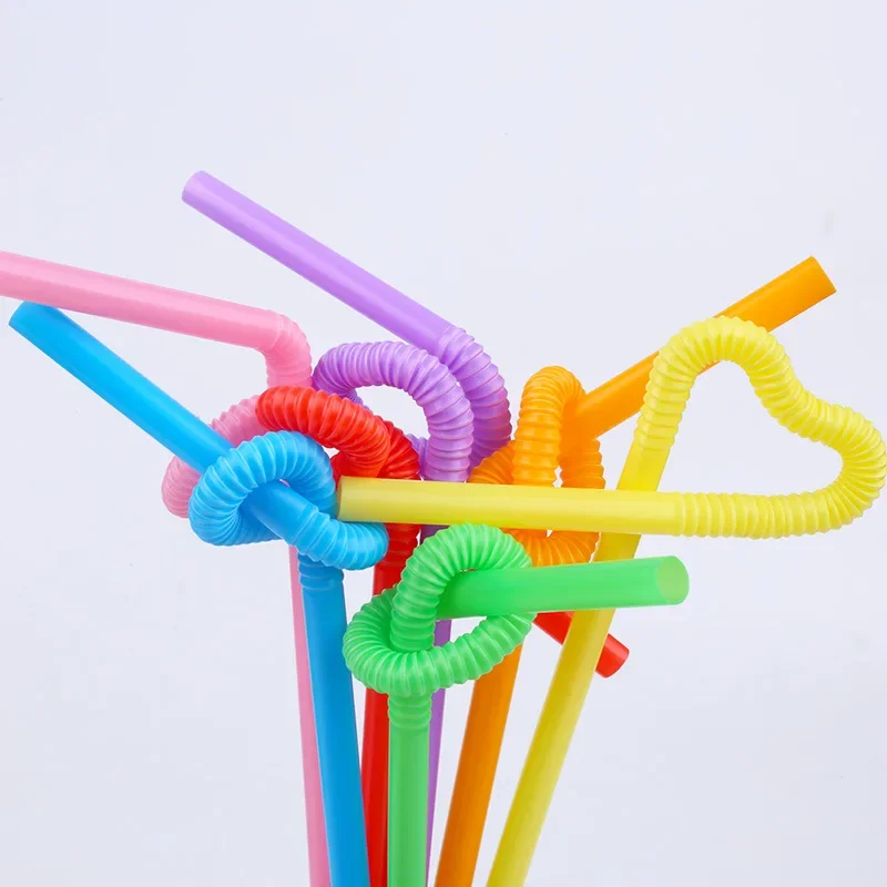100Pcs Drinking Plastic Straws Colorful Art Long Flexible Wedding Party Supplies Plastic Drinking Straws Kitchen Accessories