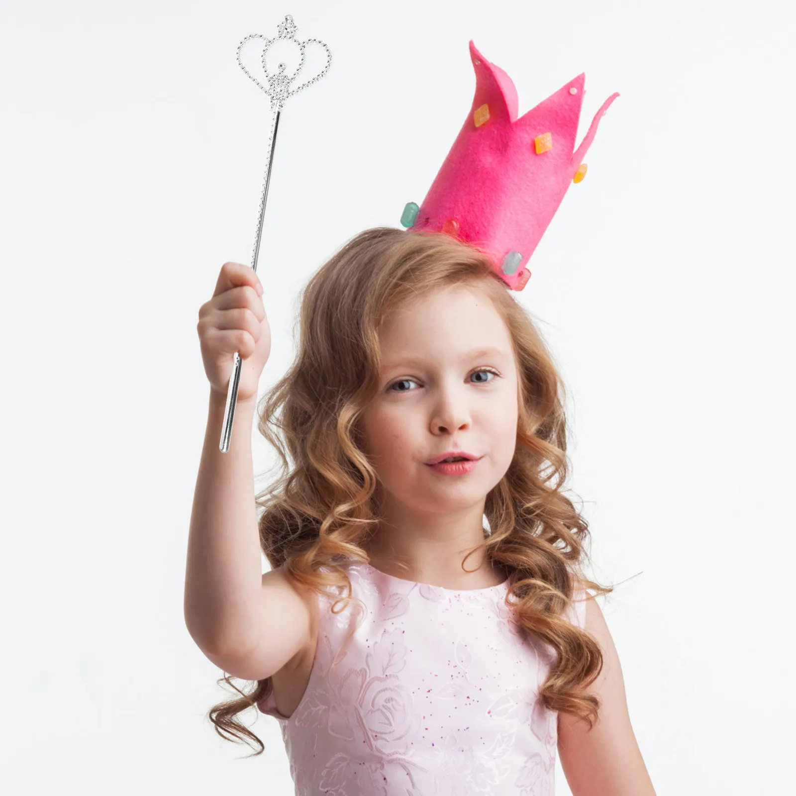 여자를위한 2Pcs 실버 도금 크라운 완드 금속 요정 공주 마법사 척 놀이 소품 무대 액세서리 펜타그램