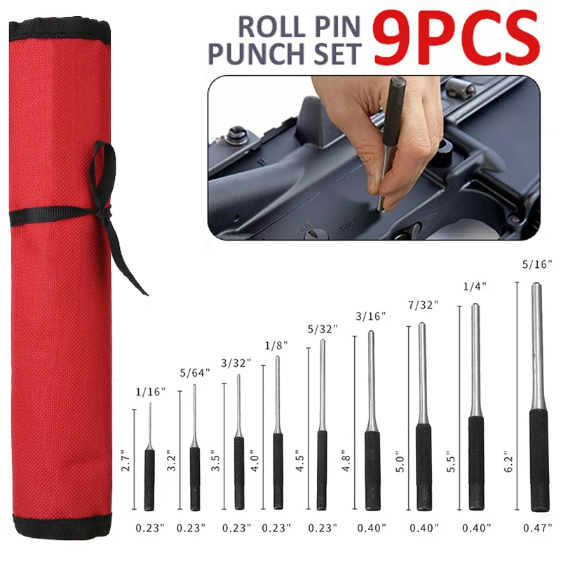

9pcs Roll Pin Punch Set Professional Hand Remover Cylindrical Drilling Tools Bolt Watch Removing Repair Tool w/ Pouch