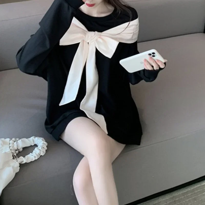 New Autumn Winter Korean Loose Fashion All-Match Long Sleeve Sweatshirt Shawl Bow Fake Two Pieces Hedging Women 2021 Pullover