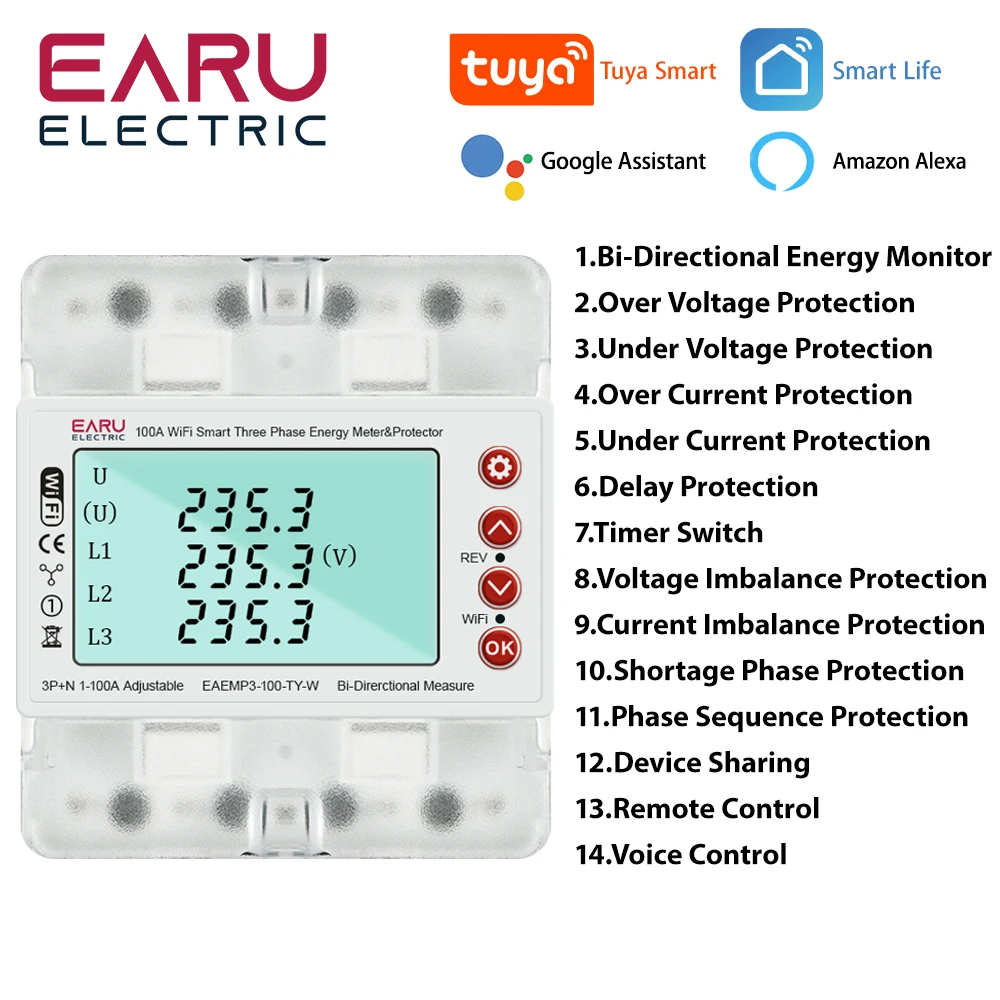 3 Phase 380V 100A Tuya WiFi Smart Bi-Directional Energy Power kWh Meter Over Under Voltage Protector Relay Switch Current Limit