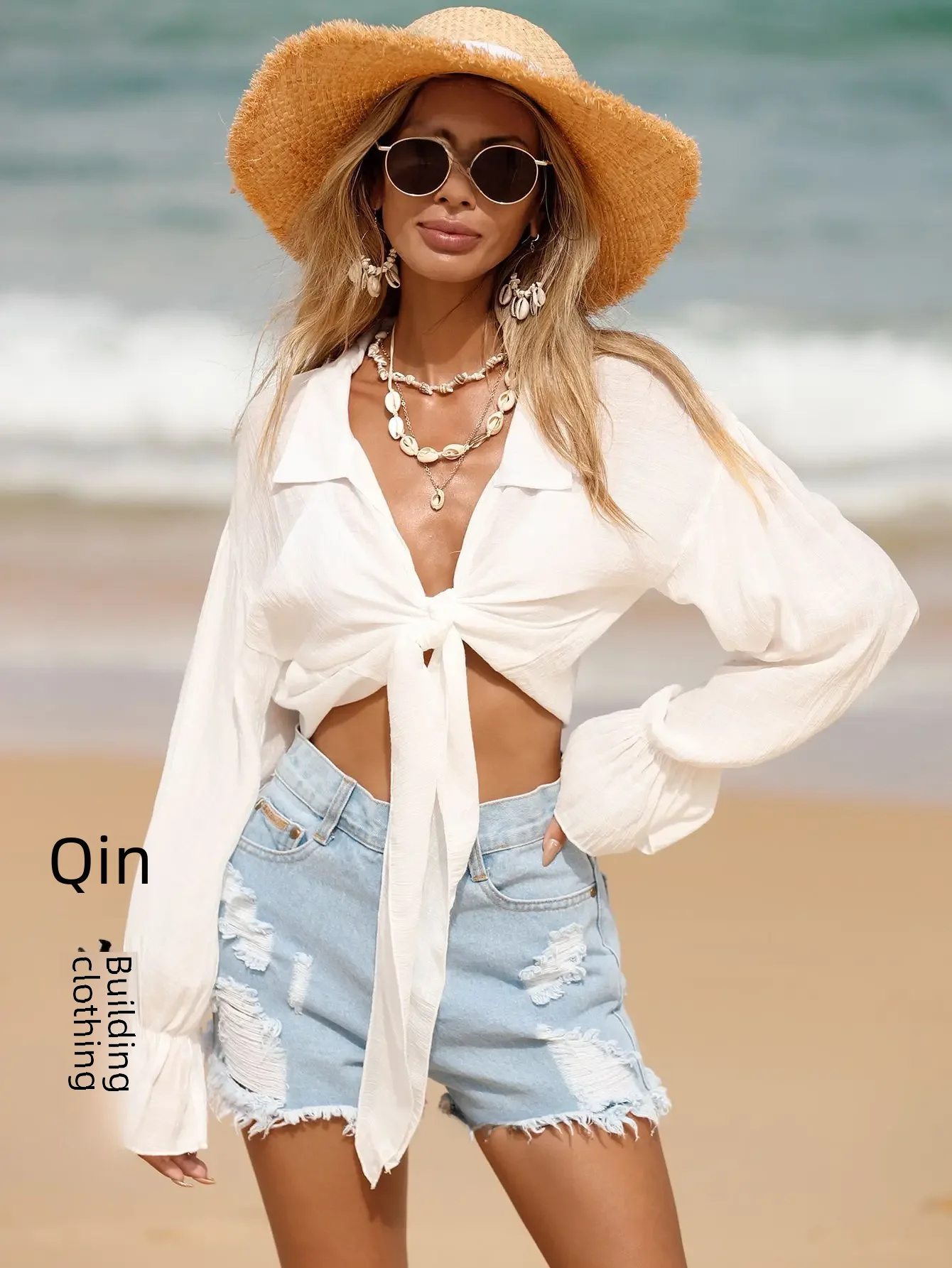 thumbnail image 1 of Camisa de protección solar de manga larga de Amazon para mujer, material de algodón de bambú, para playa transfronteriza, protección solar, correa positiva, 1 of 5