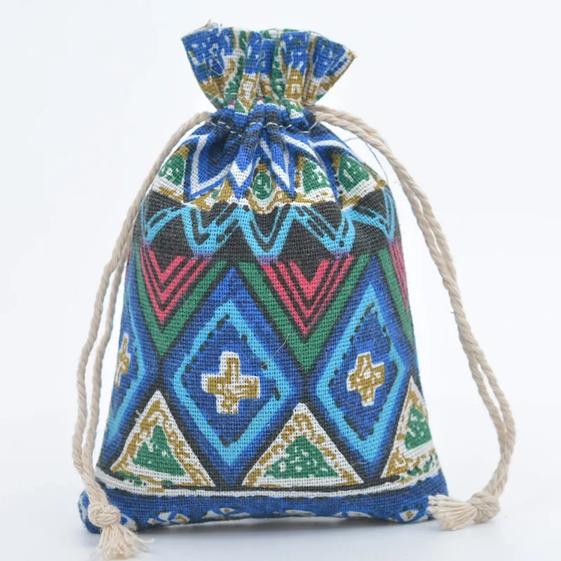 20 개/몫 10x14 13x18cm 빈티지 민족 스타일 Drawstring 파우치 포장 선물 사탕 저장 가방 여성 인쇄 보석 크리스마스 가방