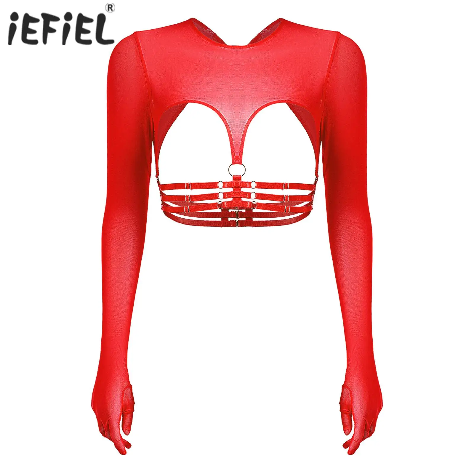 

Womens See-Through Mesh Crop Top Strappy Open Back Shrug Hollow Out Open Chest Exotic Tanks Long Sleeve Cover Ups Party Clubwear