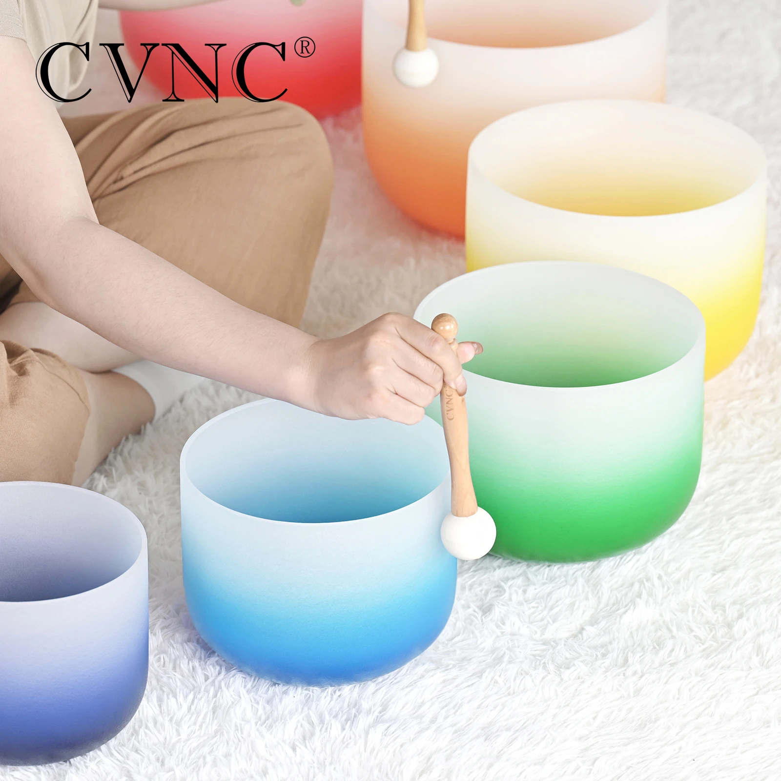 CVNC 6-12" Half Color Aria Gradient Design Frosted Quartz Crystal Singing Bowl Chakra set 7pcs for Sound Healing with Bags
