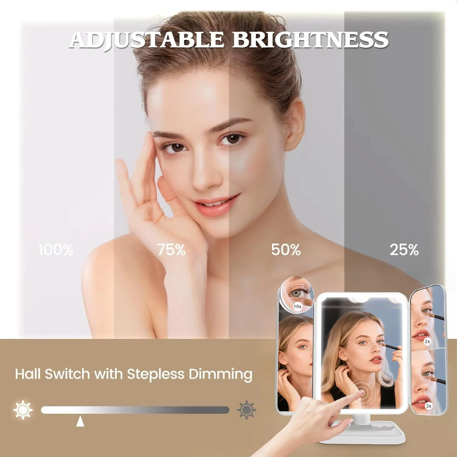 LED 조명 삼면 접이식 화장 거울 270 ° 회전식 접이형 데스크탑 화장대 거울 (확대경, 스마트 조명 포함) 침실 거울