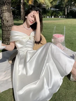 Horetong Bow Slash Neck Sexy Dress Summer Women White Fairy Elegant A-Line Midi Dresses Female Party Prom Clothes Vestdios 1