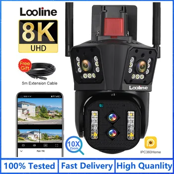 Loooline 야외 IP 카메라, 8K UHD, 4x4MP, 6K WiFi, PTZ 멀티 렌즈, 3 화면, 10X 광학 줌, 자동 추적, 양방향 오디오 CCTV 카메라