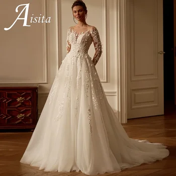 Affascinante Abito da Sposa con Scollo a O 2026, Robe De Mariee Personalizzata con Maniche Lunghe, Applicazioni di Perline, Linea A, Abito da Sposa Scintillante
