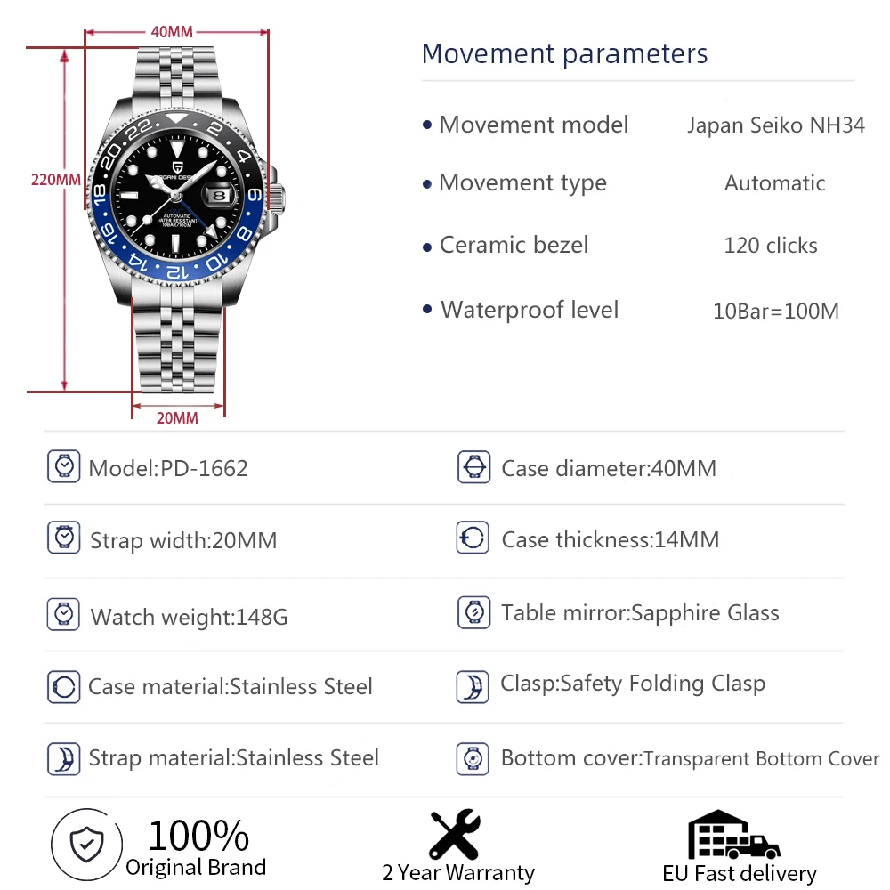 Mechanical Watch PAGANI DESIGN 40MM GMT Luxury Men Automatic Watch Stainless Steel Waterproof