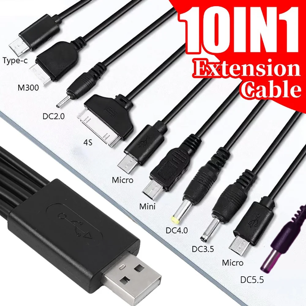Cabo carregador USB portátil multifuncional 10 em 1/3,5 mm/USB/Micro USB/HDMI/mini USB Cabo de data de carregamento múltiplo para smartphone