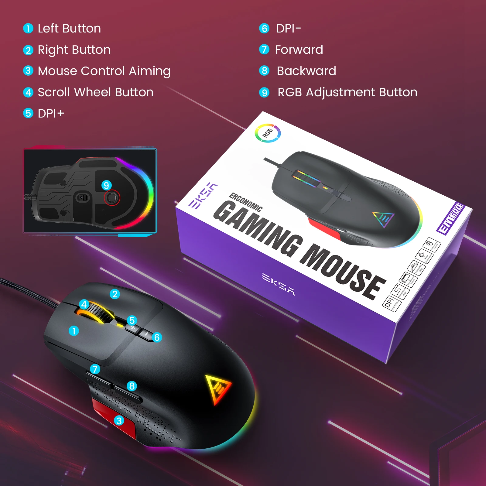 silent wireless mouse EKSA EM600 USB PC Gaming Mouse PAW3327 12000 DPI RGB Lightweight Wired Mice for Computer Mause Gamer with 9 Programmable Buttons digital mouse