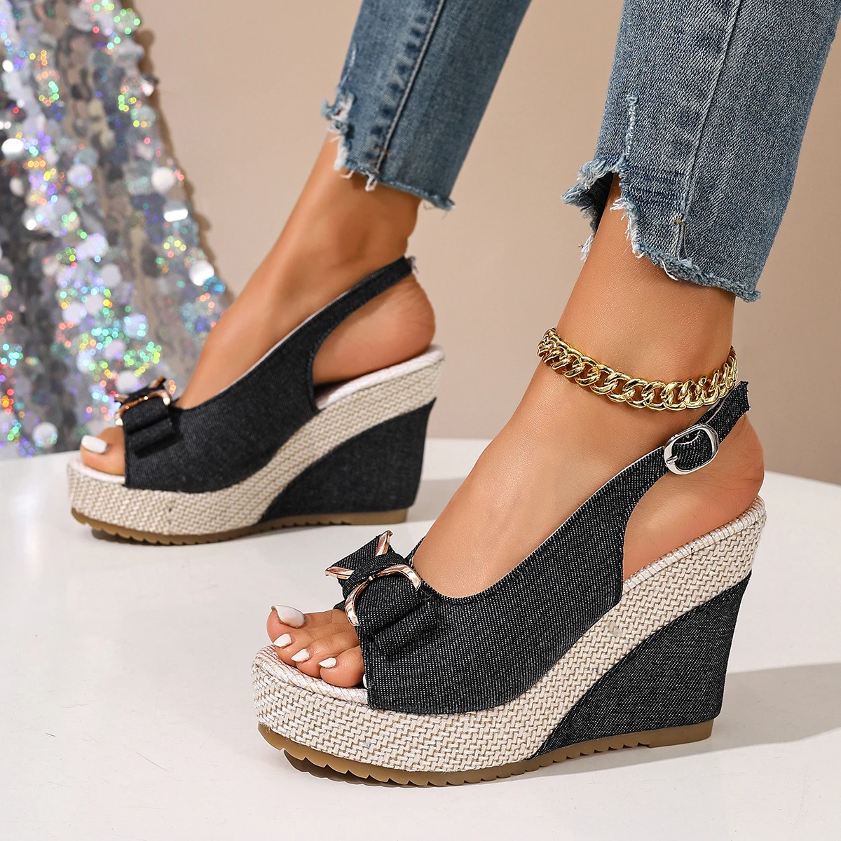 Comfortable Retro Women's Leather Wedge Platform Sandals Black_voghion.com