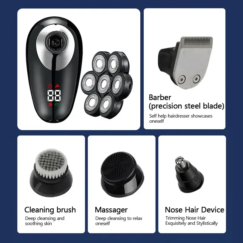 5 In 1 Electric Shaver For Men Bald Head Hair Clipper Nose Trimmer 7D Floating Blade Head Shaving Beard Knife Rechargeable Razor