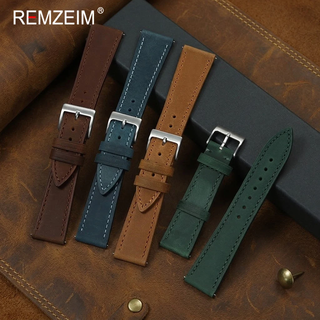 Men's Soft Durable Quick Release Crazy Horse Leather Watch Strap