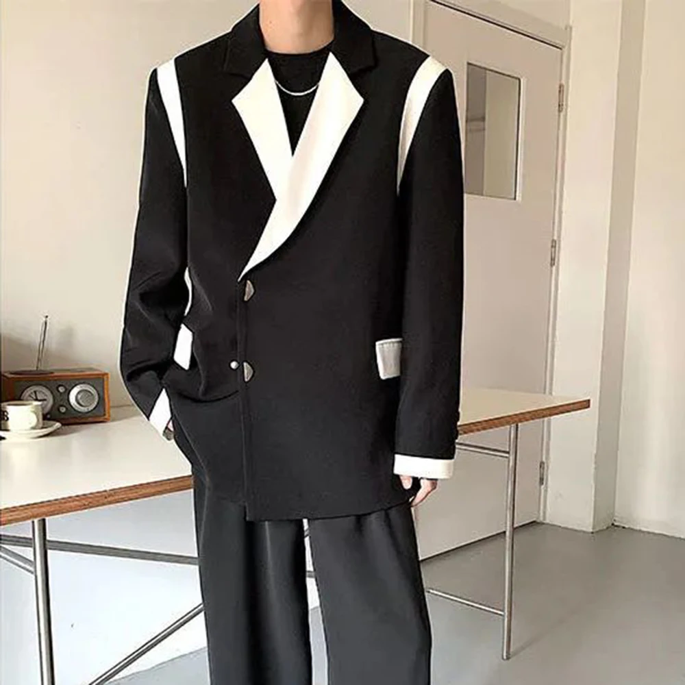 Mens Blazer Men Blazer Patchwork Lapel Long Sleeve Coats