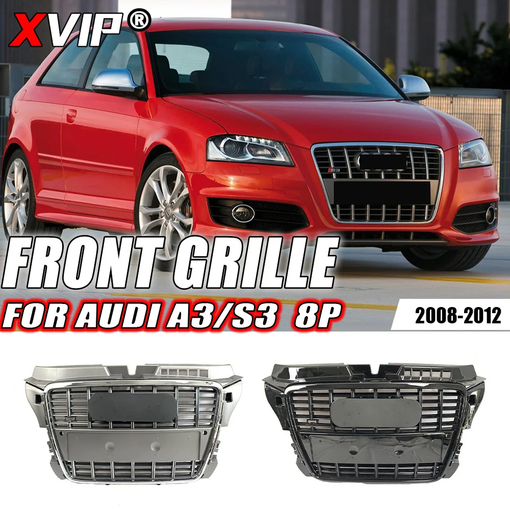 

Хромированный гриль XVIP S3 для Audi A3 S3 8P 2008-2012, хромированные серые или глянцевые черные полосы, Высококачественная Решетка переднего бампера