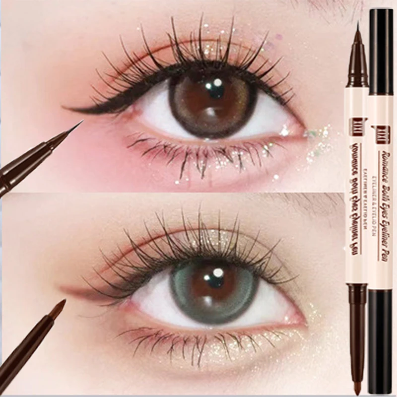 2 In 1 Matita Gel Per Eyeliner Opaco Nero Marrone Lucido Sdraiato Penna Per Baco Da Seta Impermeabile Quick Dry Liquid Eyeliner Pen Eyes Makeup