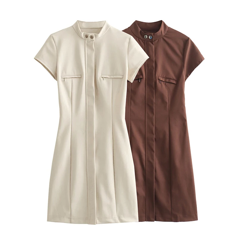 

2024 Summer New Women's Clothing American Style Fashion Solid Slim Short Dress High Collar Short Sleeve Cardigan Zipper Vestidos