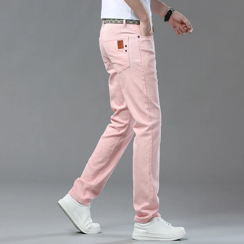 2025 Autumn Men's Elastic Colorful Jeans Breathable Casual Straight Fitted Solid Color Denim Pants Korean Fashion Trousers 5