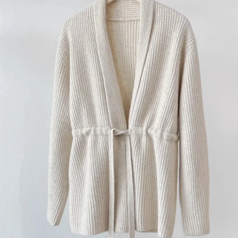 100% wool cardigan women's loose jacket for autumn and winter, mid to long style with tie up and waist cinching knit sweater 3