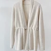100% wool cardigan women's loose jacket for autumn and winter, mid to long style with tie up and waist cinching knit sweater 3