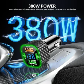 Caricatore per telefono da auto 4 in 1 per iPhone Xiaomi Oppo Vivo Samsung USB C Dual PD con display di tensione Adattatore di ricarica super veloce da 380 W
