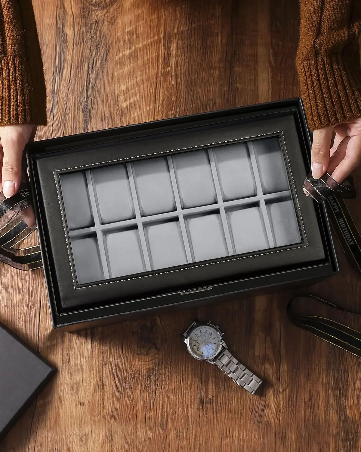 12 Slot PU Leather Lockable Watch Storage Boxes Men & Women's Jewelry Display Drawer Case 2-tier Organizer Watch Showcase Box watch storage box