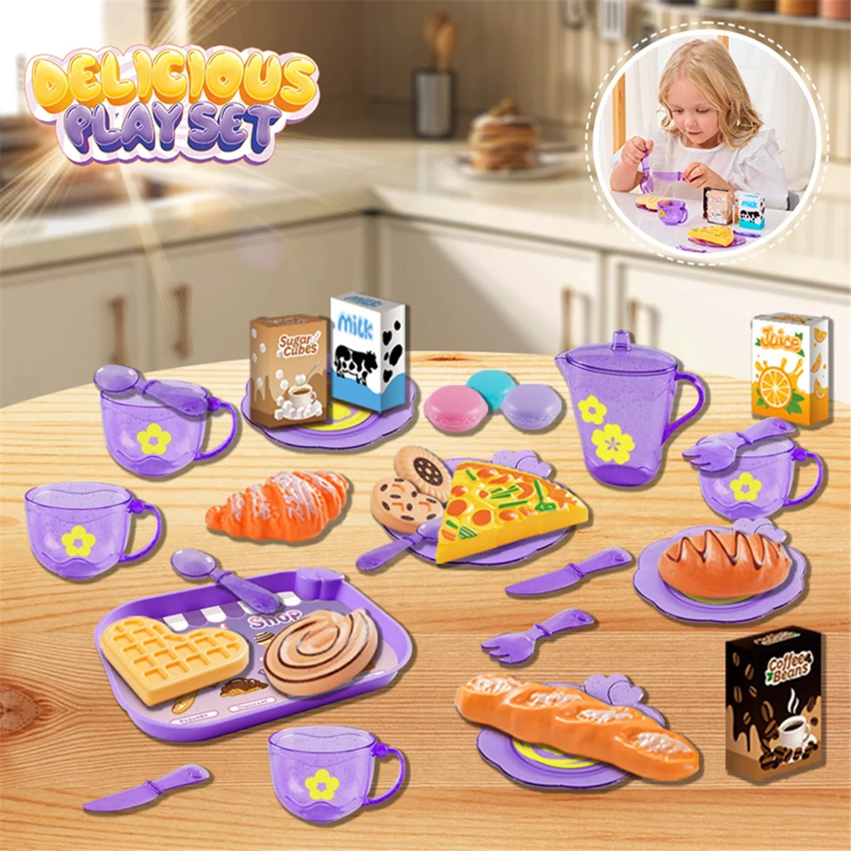 BAAU 33pc Play House Kitchen Toy Set Children Tea Play Set for Kids, Role Playing Toy with Dessert and Tableware