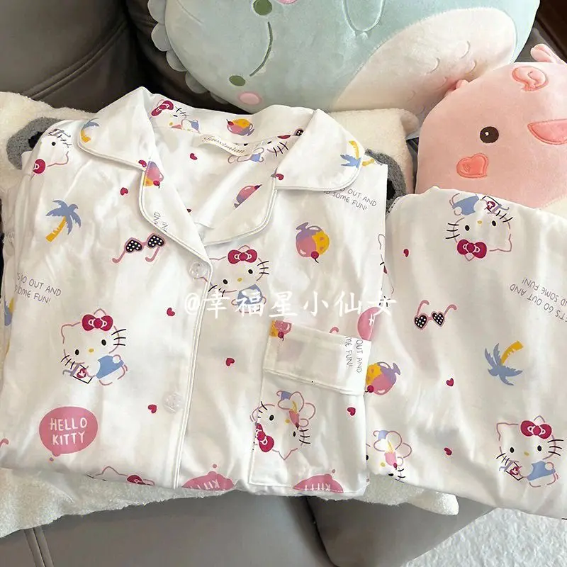 

Japanese cute Hello kitty pure cotton pajamas sanrio anime spring and autumn new cartoon can be worn outside home clothes set