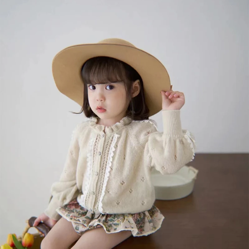 

1-9Y Super Soft alpaca cardigan for Girls ruffles Sweet Lace knitted sweater Single Breasted White Elegant kids clothes girls