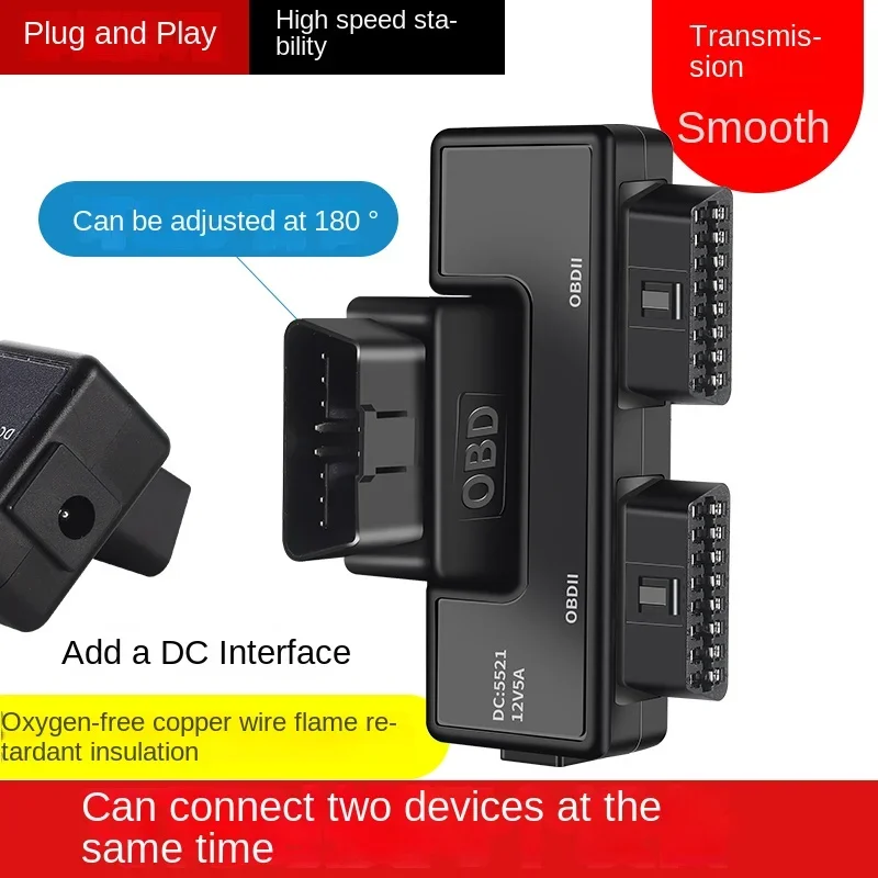 Universal 16-Pin OBD2 Splitter Expansion Cable with DC5521 Connector