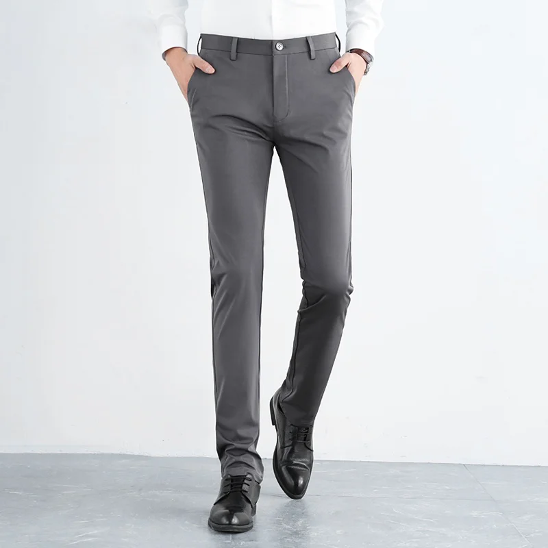 England Style Fashion Simple Elegant High Elastic Pants Men Solid Zipper Pocket Button Spring Straight Ice Silk Casual Trousers