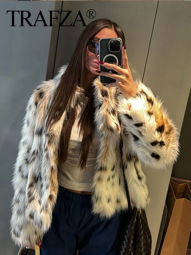 TRAFZA Autumn Winter Women Fashion Print Faux Fur Coat Casual Loose Long Sleeve Plush Thick Warm Jacket Female Y2K Streetwear 5