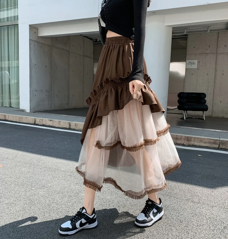 

2024 Women Summer New Fashion Gauze Stitching Skirt Female Long Loose Skirts Ladies Elastic High Waist Casual Skirts B122